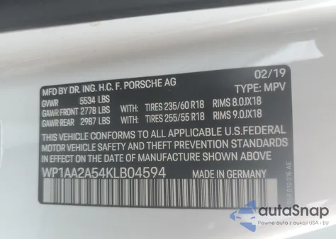 2019 Porsche Macan from USA, damaged, VIN WP1AA2A54KLB04594